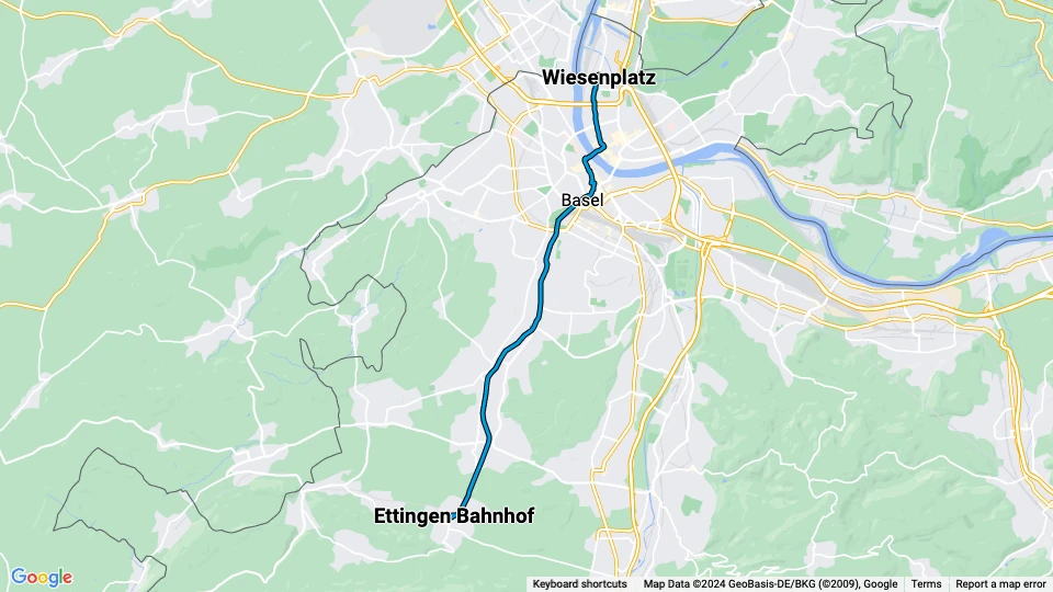 Basel ekstralinje 17: Ettingen Bahnhof - Wiesenplatz linjekort