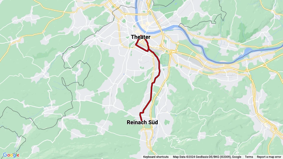 Basel ekstralinje E11: Theater - Reinach Süd linjekort