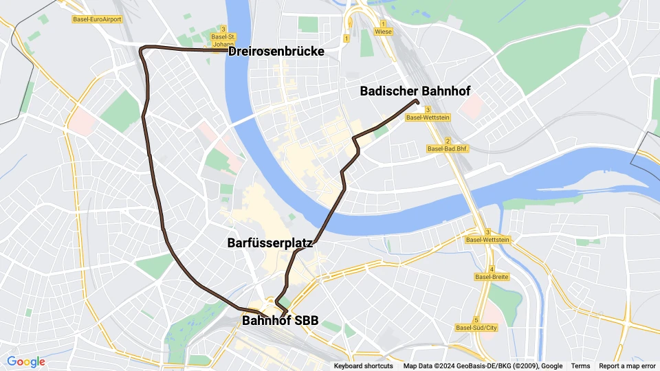 Basel sporvognslinje 1: Dreirosenbrücke - Badischer Bahnhof linjekort