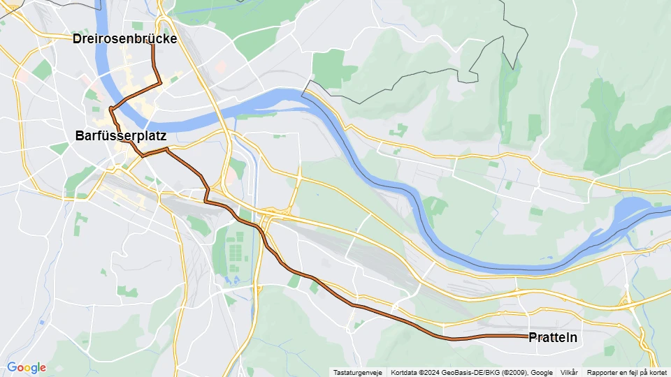 Basel sporvognslinje 14: Dreirosenbrücke - Pratteln linjekort