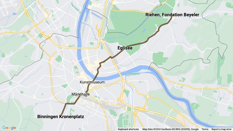 Basel sporvognslinje 2: Binningen Kronenplatz - Riehen, Fondation Beyeler linjekort