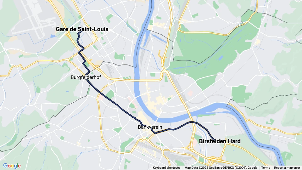 Basel sporvognslinje 3: Birsfelden Hard - Gare de Saint-Louis linjekort