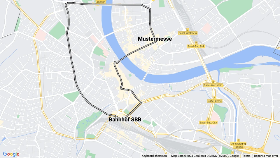 Basel sporvognslinje 4: Bahnhof SBB - Mustermesse linjekort