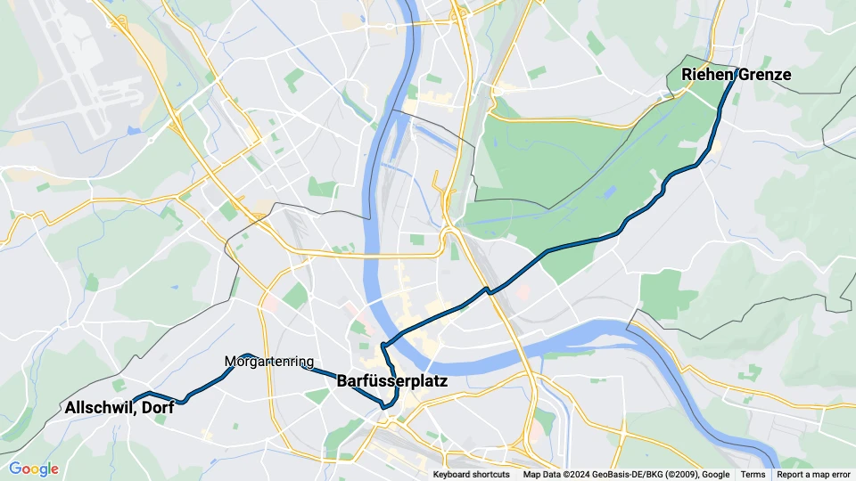 Basel sporvognslinje 6: Allschwil, Dorf - Riehen Grenze linjekort