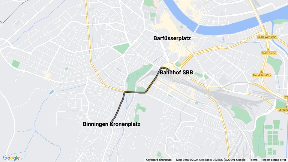 Basel sporvognslinje 7: Bahnhof SBB - Binningen Kronenplatz linjekort