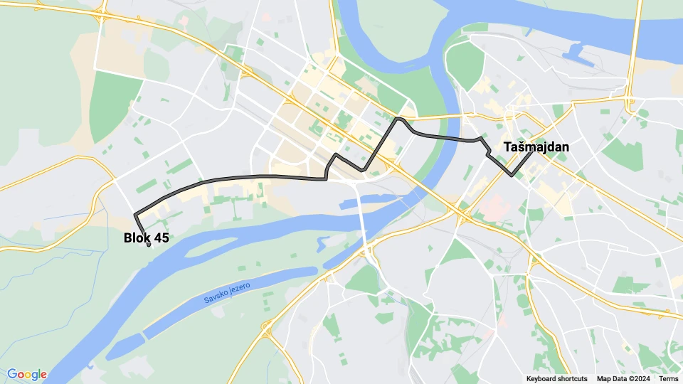 Beograd ekstralinje 7L: Blok 45 - Tašmajdan linjekort