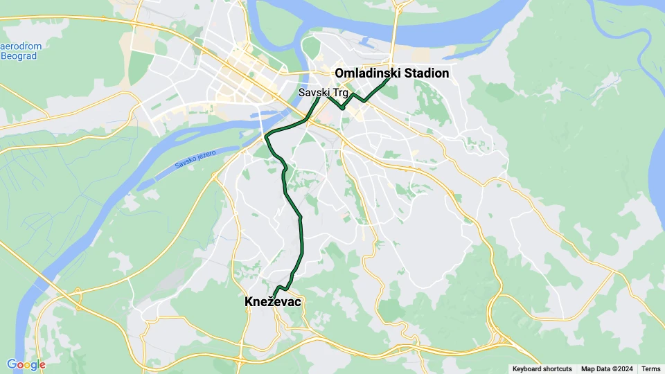 Beograd sporvognslinje 3: Kneževac - Omladinski Stadion linjekort
