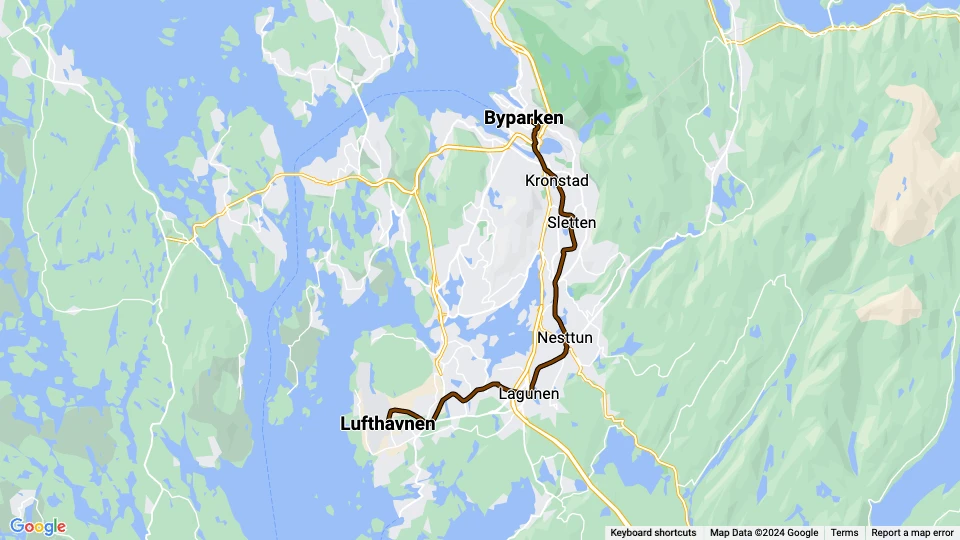 Bergen sporvognslinje 1 (Bybanen): Byparken - Lufthavnen linjekort