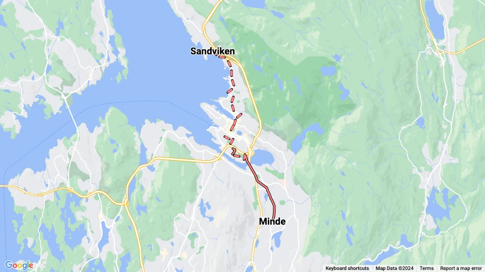 Bergen sporvognslinje 1: Minde - Sandviken linjekort