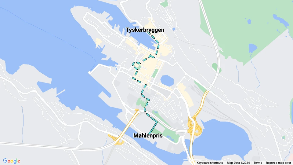 Bergen sporvognslinje 3: Møhlenpris - Tyskerbryggen linjekort