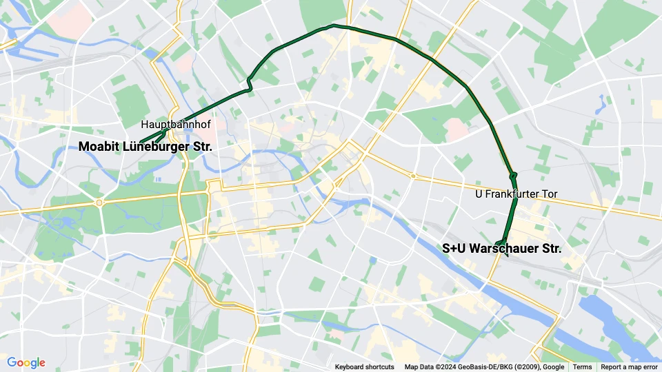 Berlin hurtiglinje M10: Moabit Lüneburger Str. - S+U Warschauer Str. linjekort
