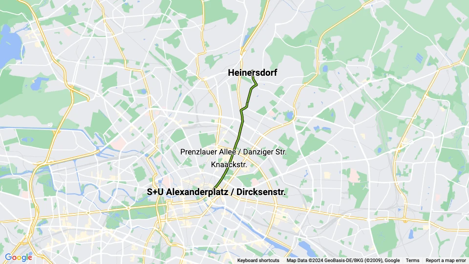 Berlin hurtiglinje M2: Heinersdorf - S+U Alexanderplatz / Dircksenstr. linjekort