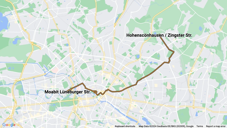 Berlin hurtiglinje M5: Hohenscönhausen / Zingster Str. - Moabit Lüneburger Str. linjekort