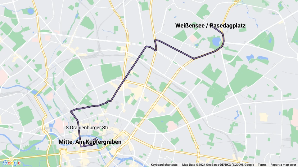 Berlin sporvognslinje 12: Mitte, Am Kupfergraben - Weißensee / Pasedagplatz linjekort