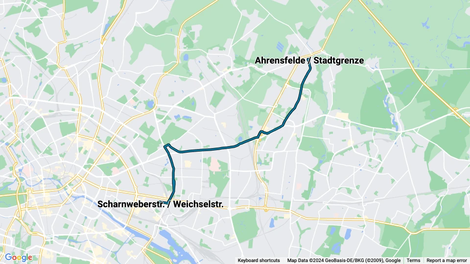 Berlin sporvognslinje 16: Ahrensfelde / Stadtgrenze - Scharnweberstr. / Weichselstr. linjekort