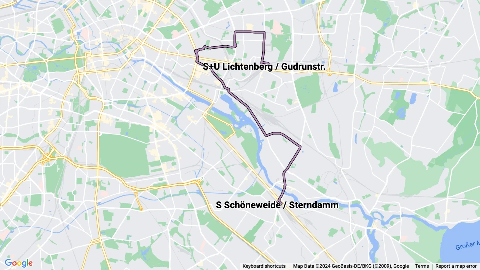 Berlin sporvognslinje 21: S+U Lichtenberg / Gudrunstr. - S Schöneweide / Sterndamm linjekort