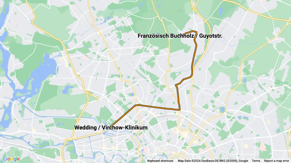 Berlin sporvognslinje 50: Wedding / Virchow-Klinikum - Französisch Buchholz / Guyotstr. linjekort