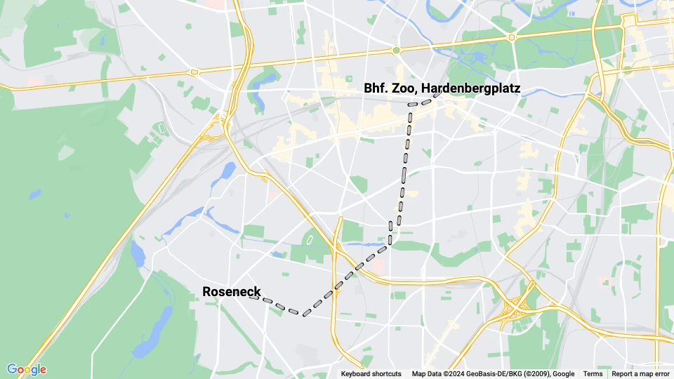 Berlin sporvognslinje 51: Roseneck - Bhf. Zoo, Hardenbergplatz linjekort
