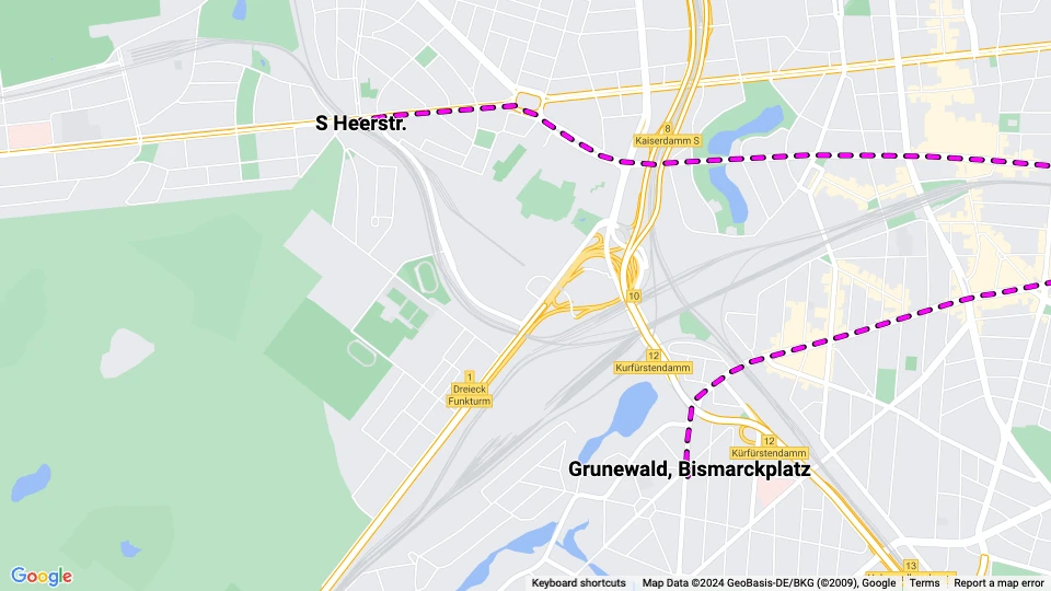 Berlin sporvognslinje 58: S Heerstr. - Grunewald, Bismarckplatz linjekort