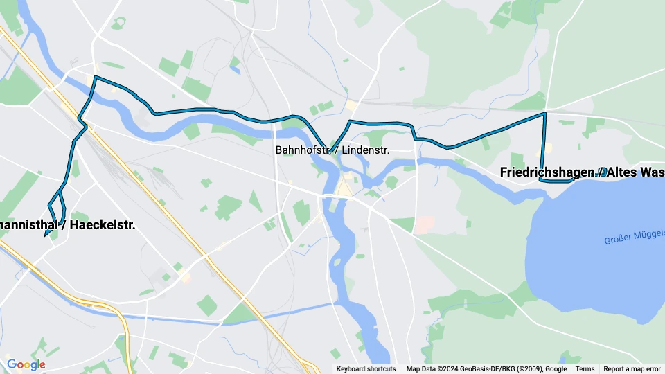 Berlin sporvognslinje 60: Johannisthal / Haeckelstr. - Friedrichshagen / Altes Wasserwerk linjekort