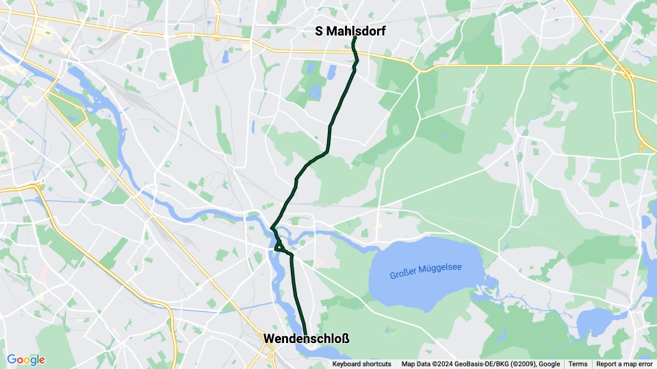 Berlin sporvognslinje 62: Wendenschloß - S Mahlsdorf linjekort