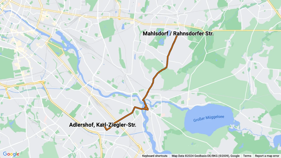 Berlin sporvognslinje 63: Adlershof, Karl-Ziegler-Str. - Mahlsdorf / Rahnsdorfer Str. linjekort