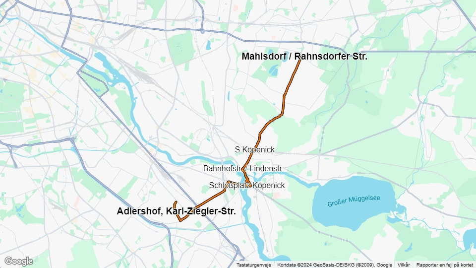 Berlin sporvognslinje 63: Landschaftpark Johannisthal - Mahlsdorf / Rahnsdorfer Str. linjekort