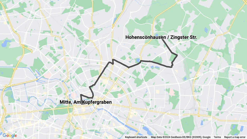 Berlin sporvognslinje 70: Mitte, Am Kupfergraben - Hohenscönhausen / Zingster Str. linjekort
