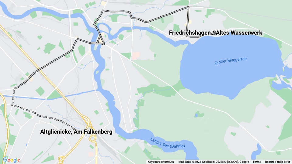 Berlin sporvognslinje 84: Friedrichshagen / Altes Wasserwerk - Altglienicke, Am Falkenberg linjekort