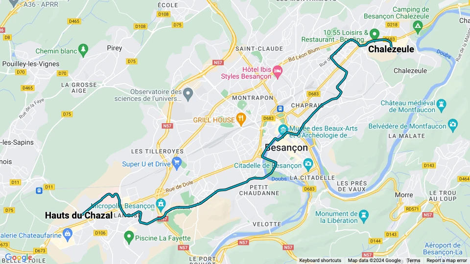 Besançon sporvognslinje T1: Hauts du Chazal - Chalezeule linjekort
