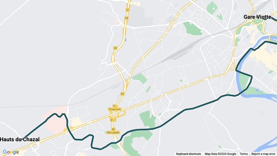 Besançon sporvognslinje T2: Hauts du Chazal - Gare Viotte linjekort