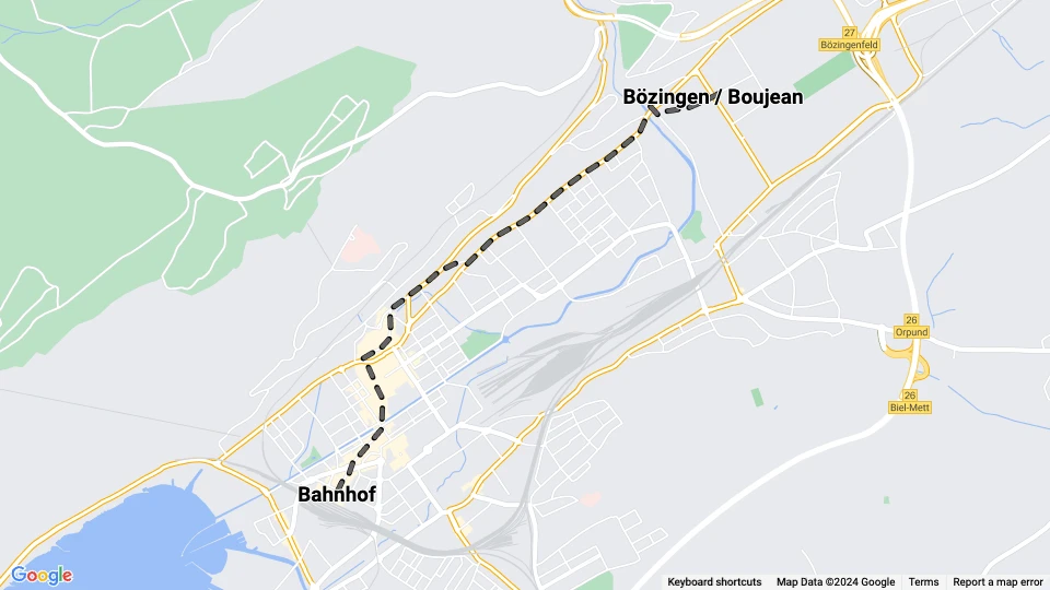 Biel/Bienne sporvognslinje 1: Bahnhof - Bözingen / Boujean linjekort