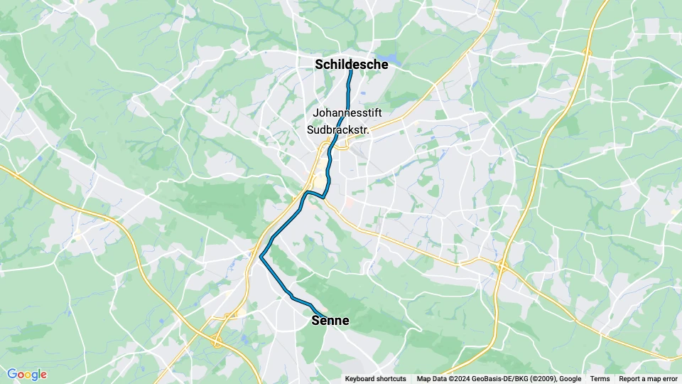 Bielefeld sporvognslinje 1: Senne - Schildesche linjekort