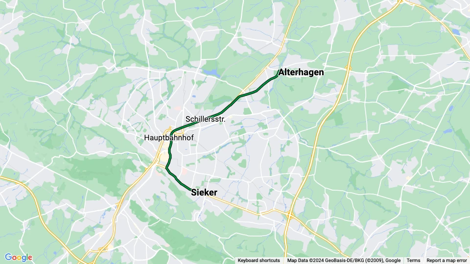 Bielefeld sporvognslinje 2: Sieker - Alterhagen linjekort