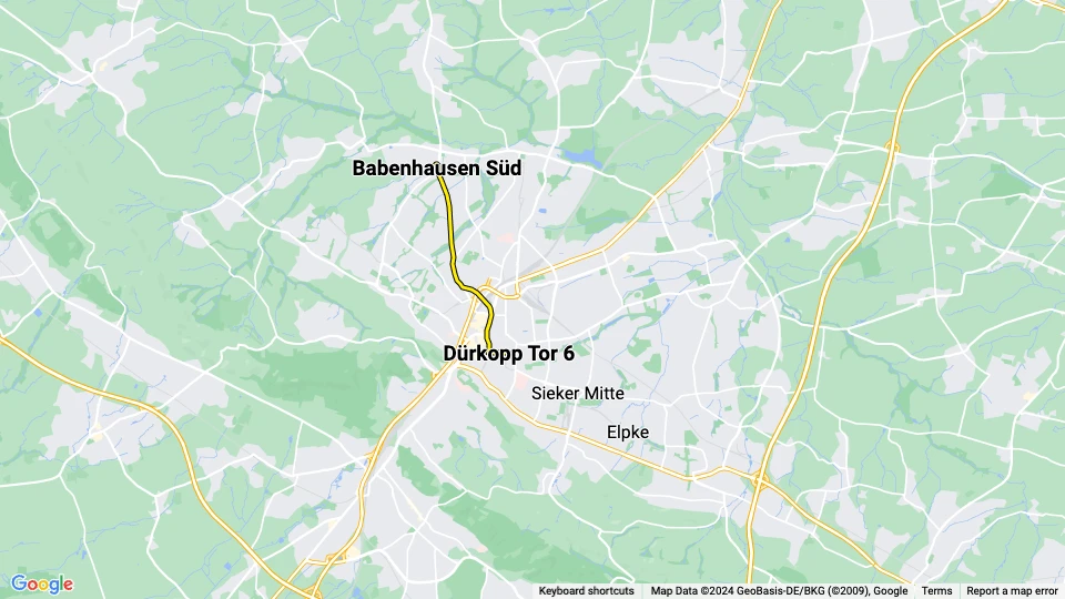 Bielefeld sporvognslinje 3: Babenhausen Süd - Dürkopp Tor 6 linjekort
