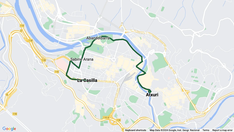 Bilbao sporvognslinje A: Atxuri - La Casilla linjekort