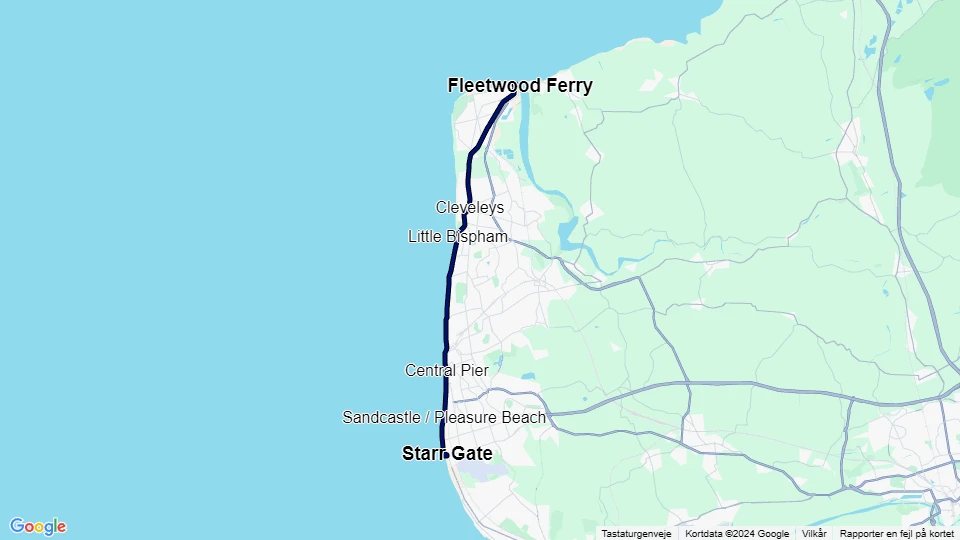 Blackpool sporvognslinje T: Fleetwood Ferry - Starr Gate linjekort