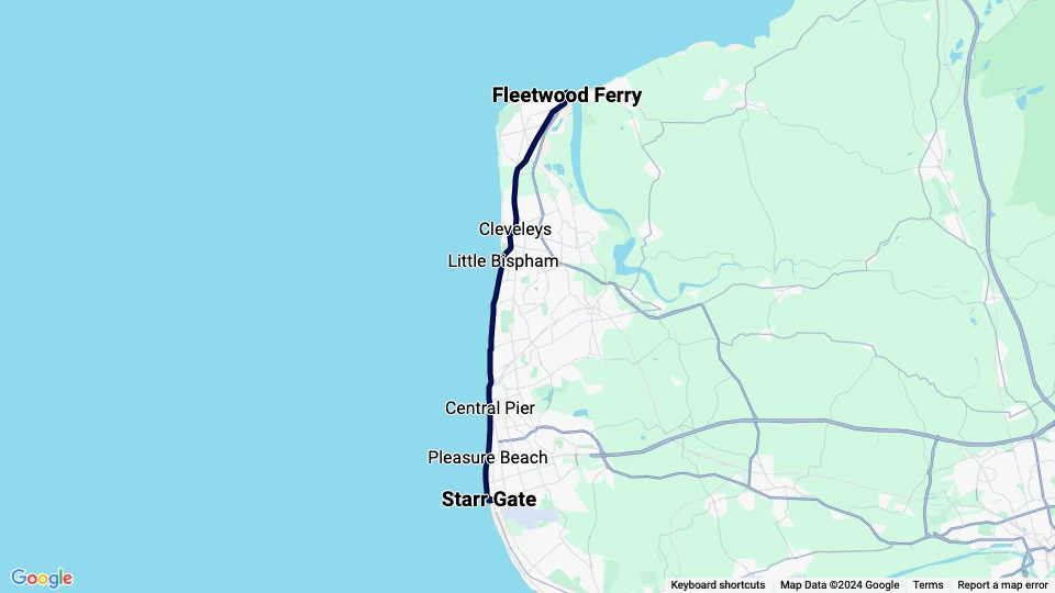 Blackpool sporvognslinje T1: Fleetwood Ferry - Starr Gate linjekort