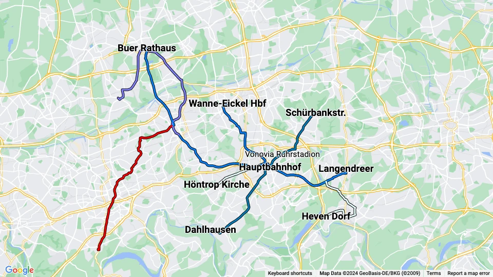 Bochum-Gelsenkirchener Straßenbahnen (BOGESTRA) linjekort