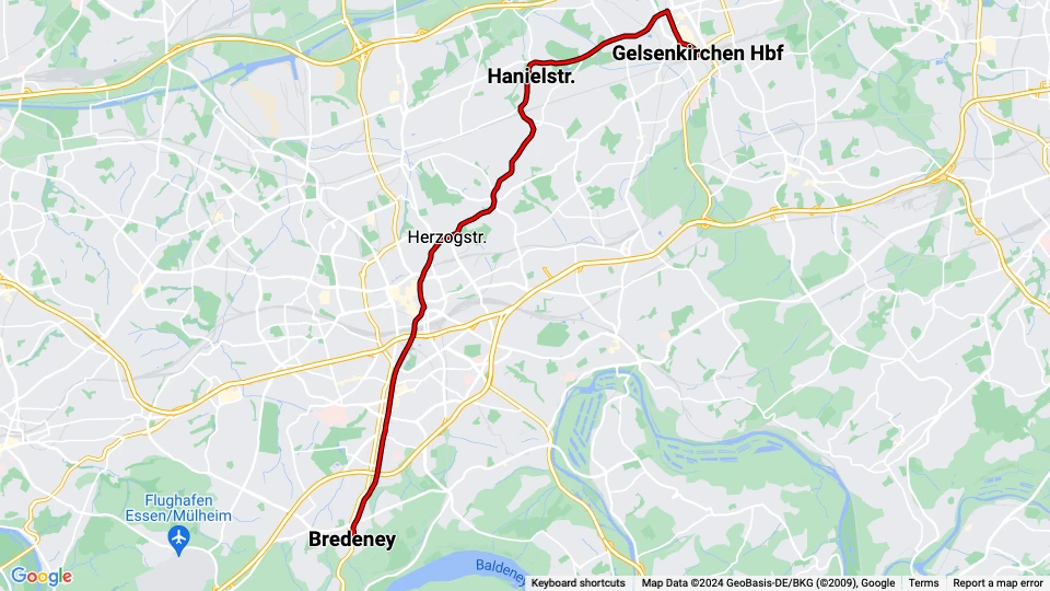 Bochum sporvognslinje 107 linjekort