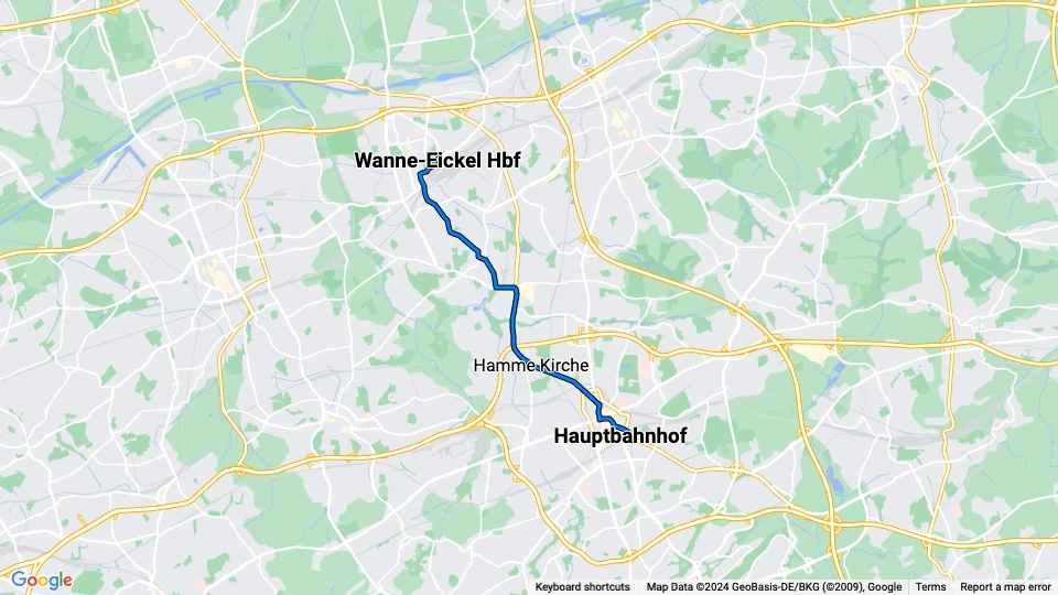 Bochum sporvognslinje 306: Hauptbahnhof - Wanne-Eickel Hbf linjekort