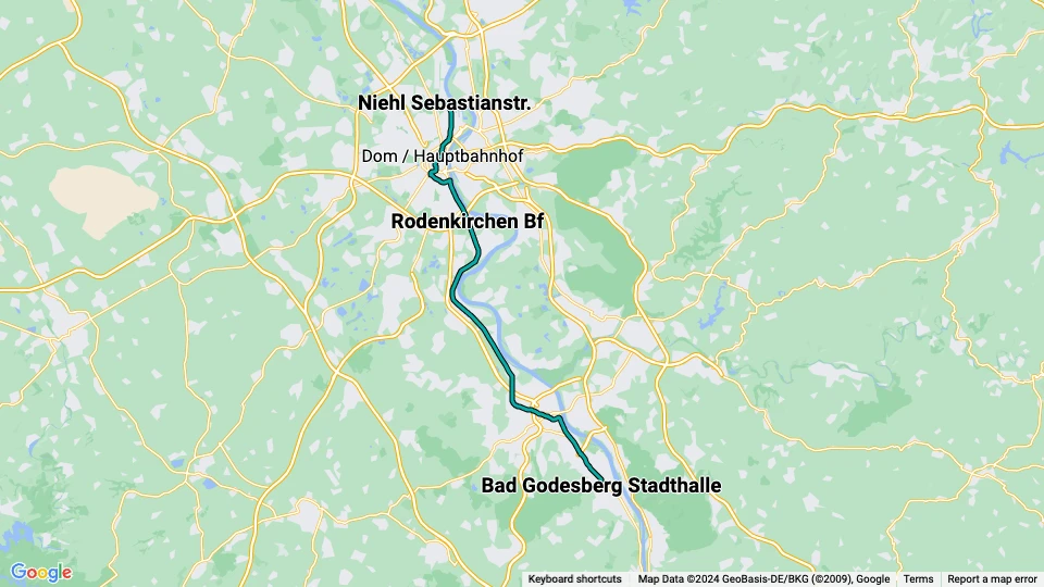 Bonn regionallinje 16: Niehl Sebastianstr. - Bad Godesberg Stadthalle linjekort