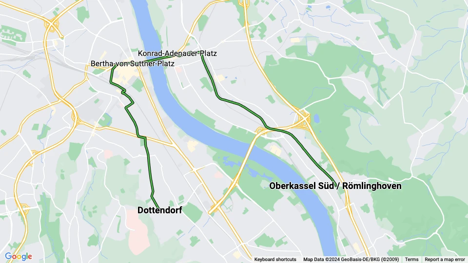 Bonn sporvognslinje 62: Dottendorf - Oberkassel Süd / Römlinghoven linjekort
