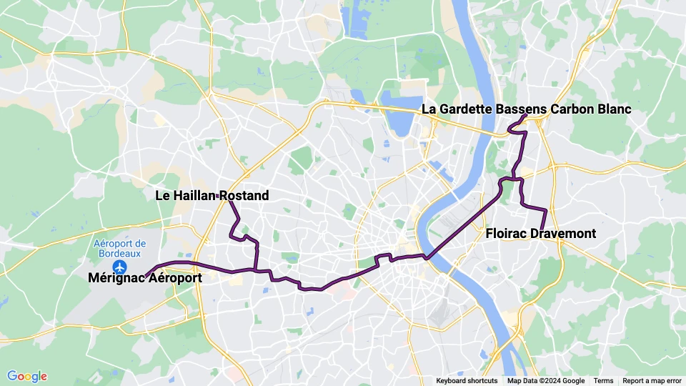 Bordeaux sporvognslinje A: Le Haillan Rostand - Floirac Dravemont linjekort