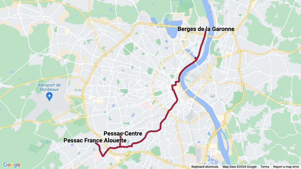 Bordeaux sporvognslinje B: Pessac France Alouette - Berges de la Garonne linjekort