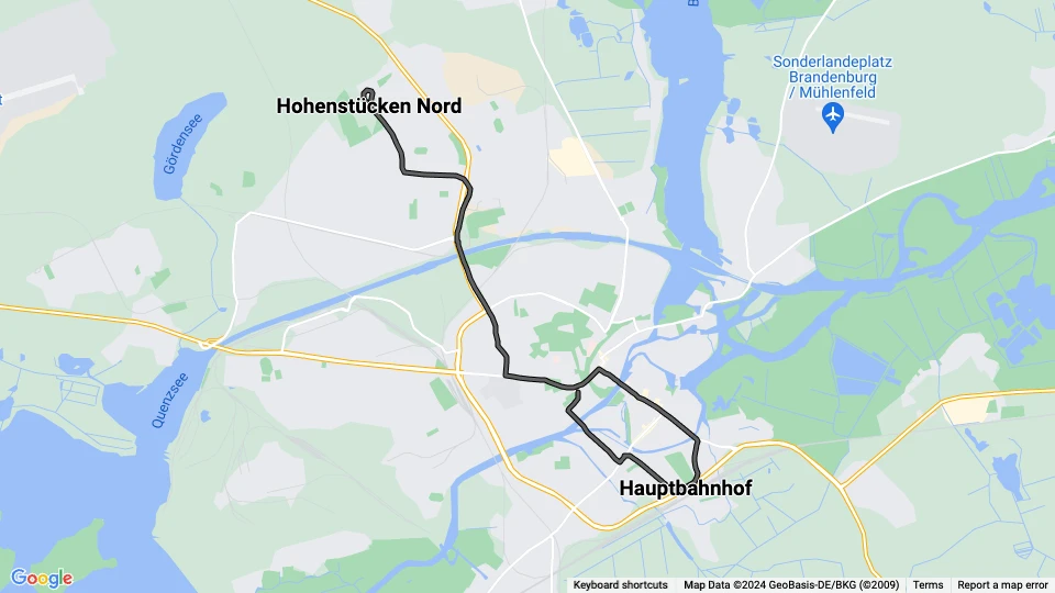 Brandenburg an der Havel sporvognslinje 9: Hauptbahnhof - Hohenstücken Nord linjekort