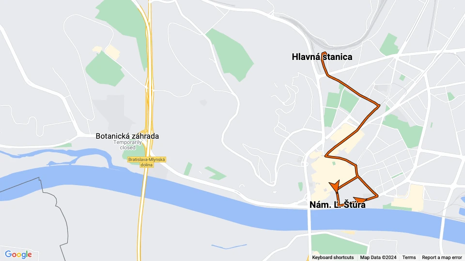 Bratislava sporvognslinje 1: Hlavná stanica - Nám. Ľ. Štúra linjekort