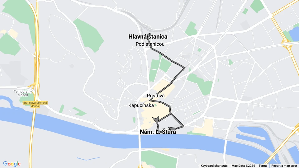 Bratislava sporvognslinje 13: Hlavná stanica - Nám. Ľ. Štúra linjekort