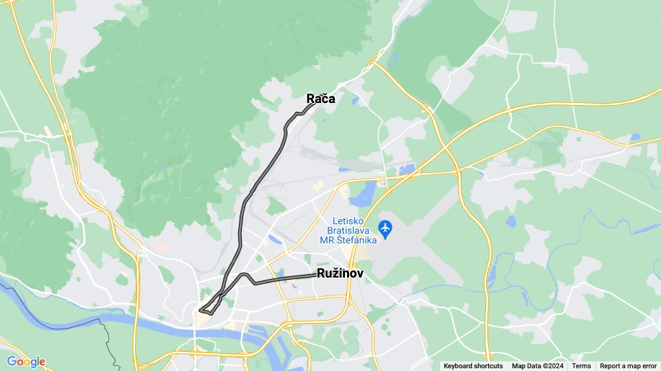 Bratislava sporvognslinje 16: Ružinov - Rača linjekort