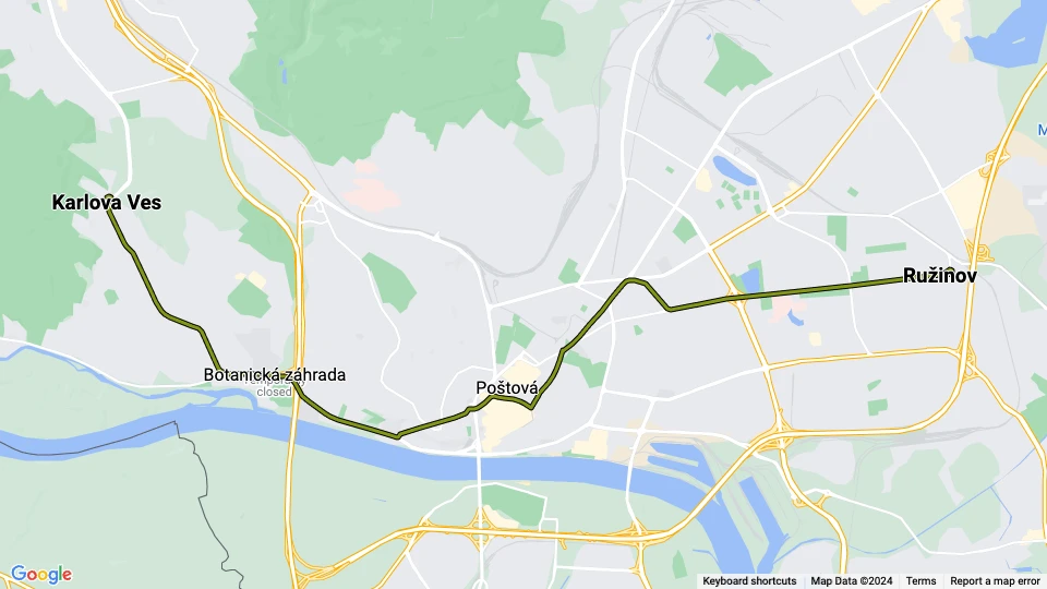 Bratislava sporvognslinje 9: Ružinov - Karlova Ves linjekort